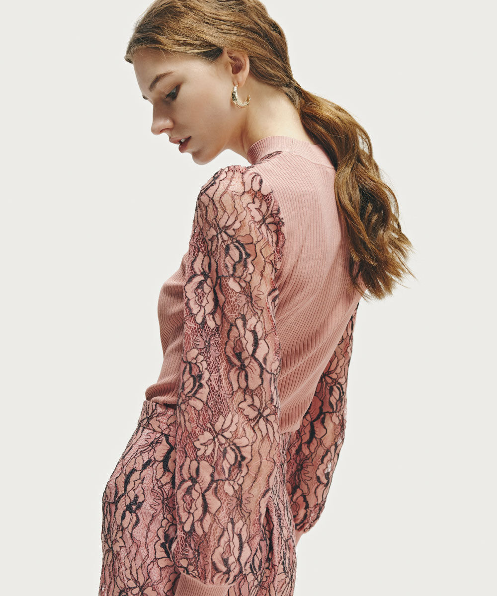  「◆レースコンビモックネックニットプルオーバー」|ニット・セーター|