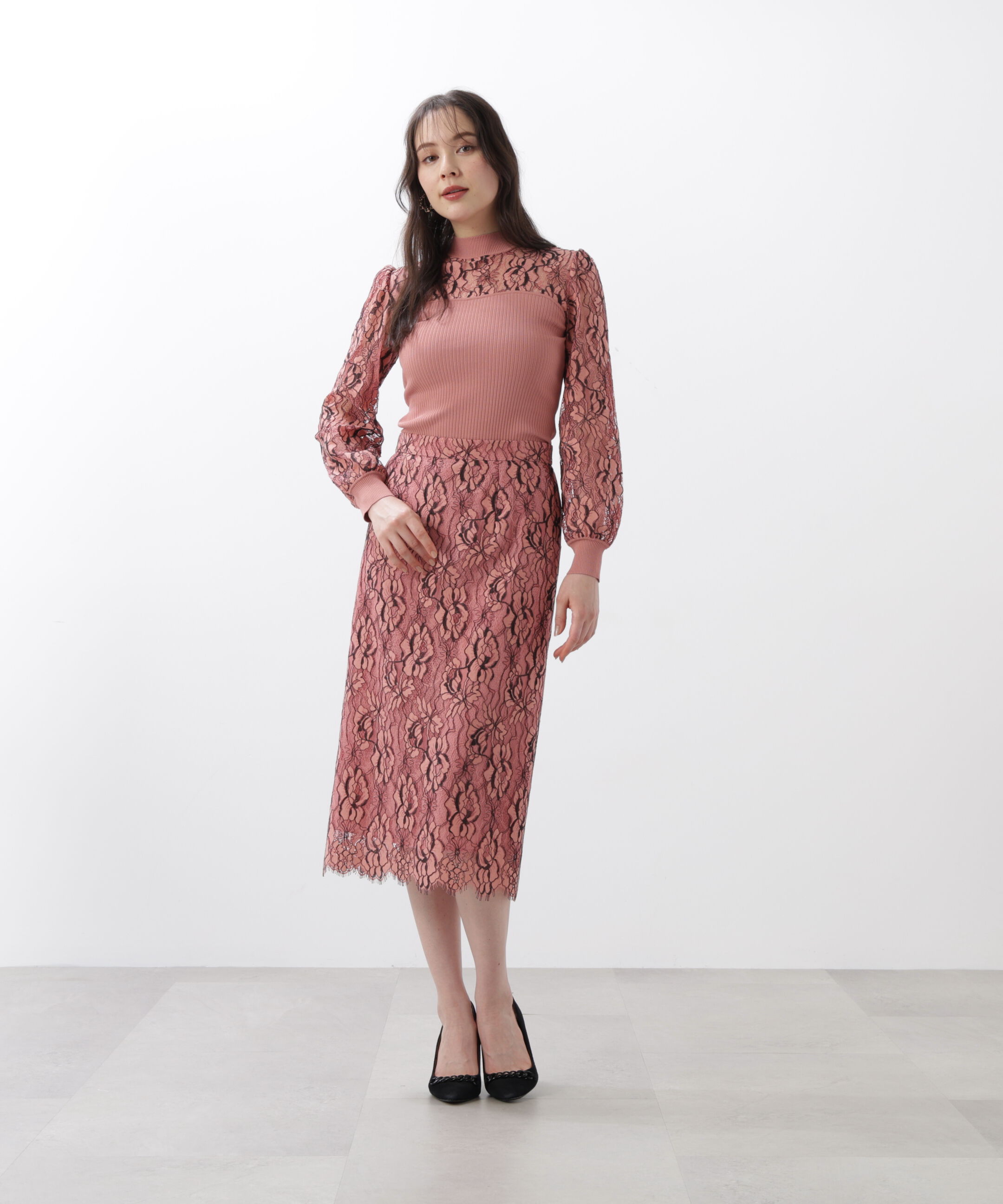  「◆レースコンビモックネックニットプルオーバー」|ニット・セーター|