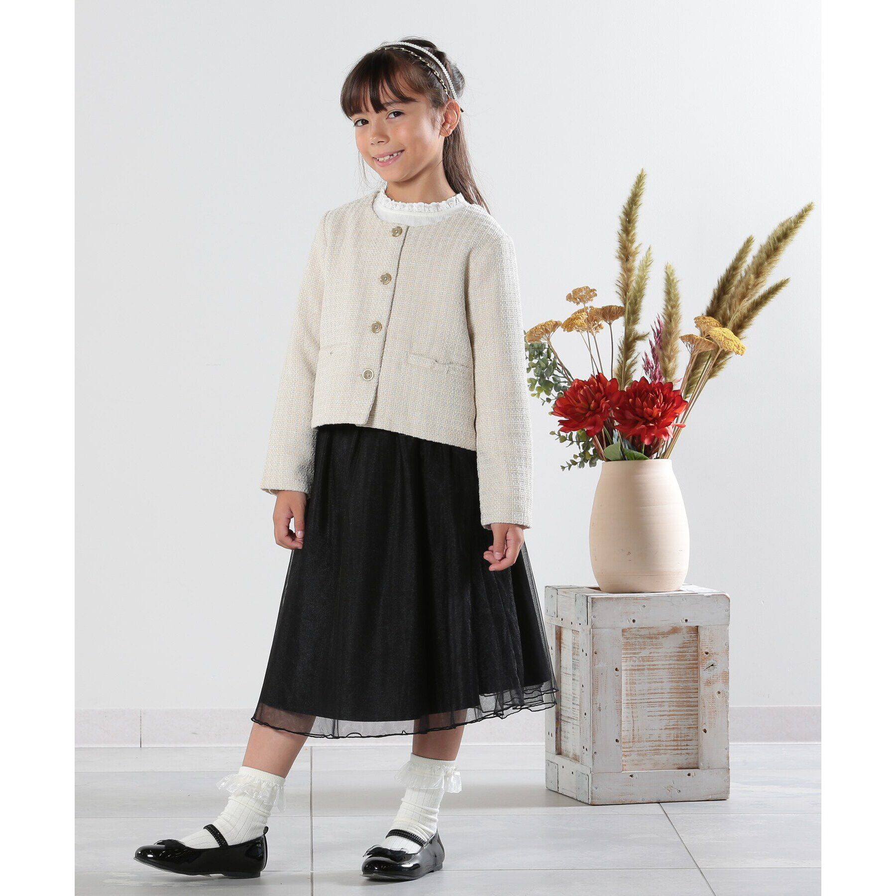 SHOO･LA･RUE「【100-140cm/プチセレ】ツイードジャケット」|ノーカラージャケット|