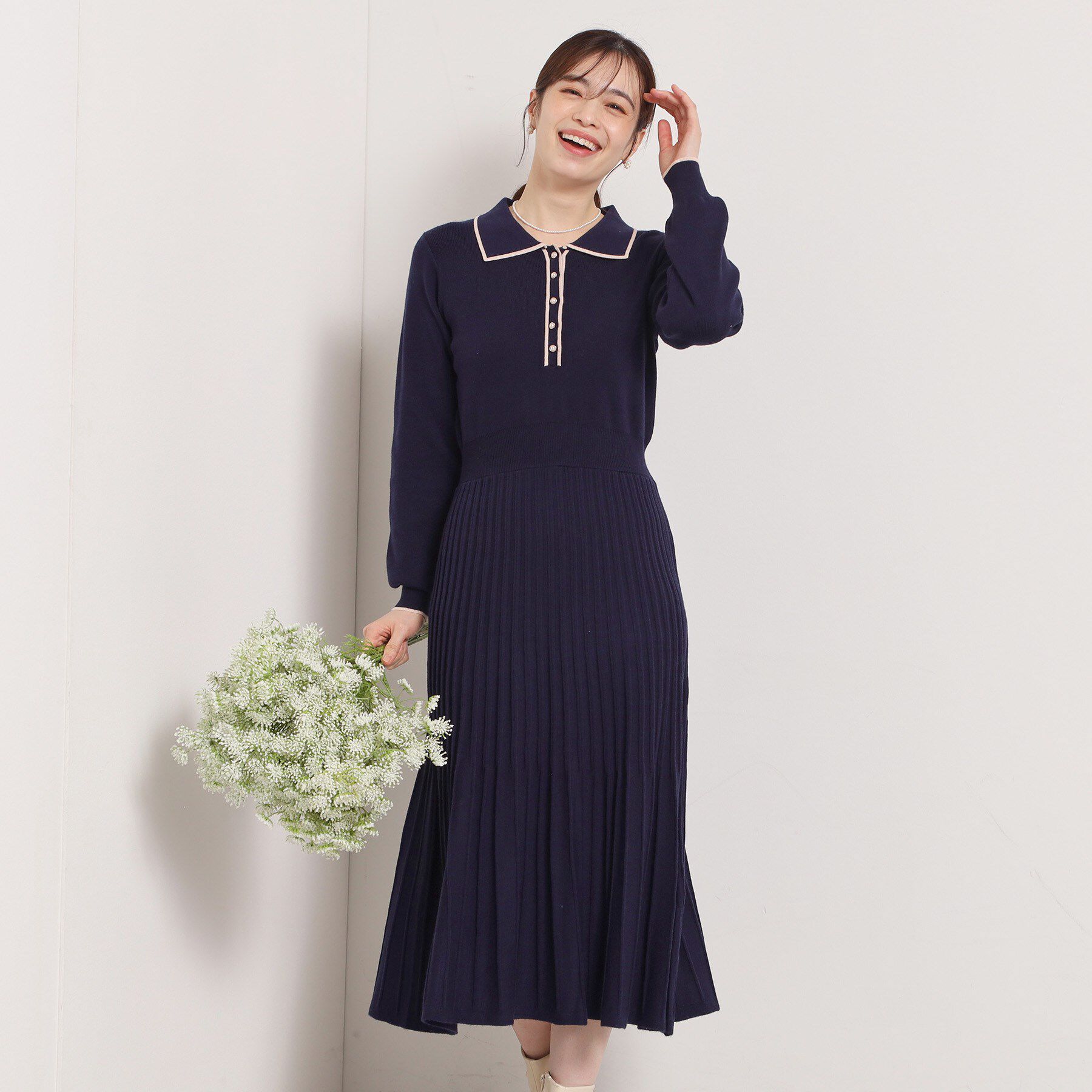 ITS&rsquo;DEMO「【手洗い可】ポロ襟ニットフレアワンピース」|ワンピース|ネイビー(094)