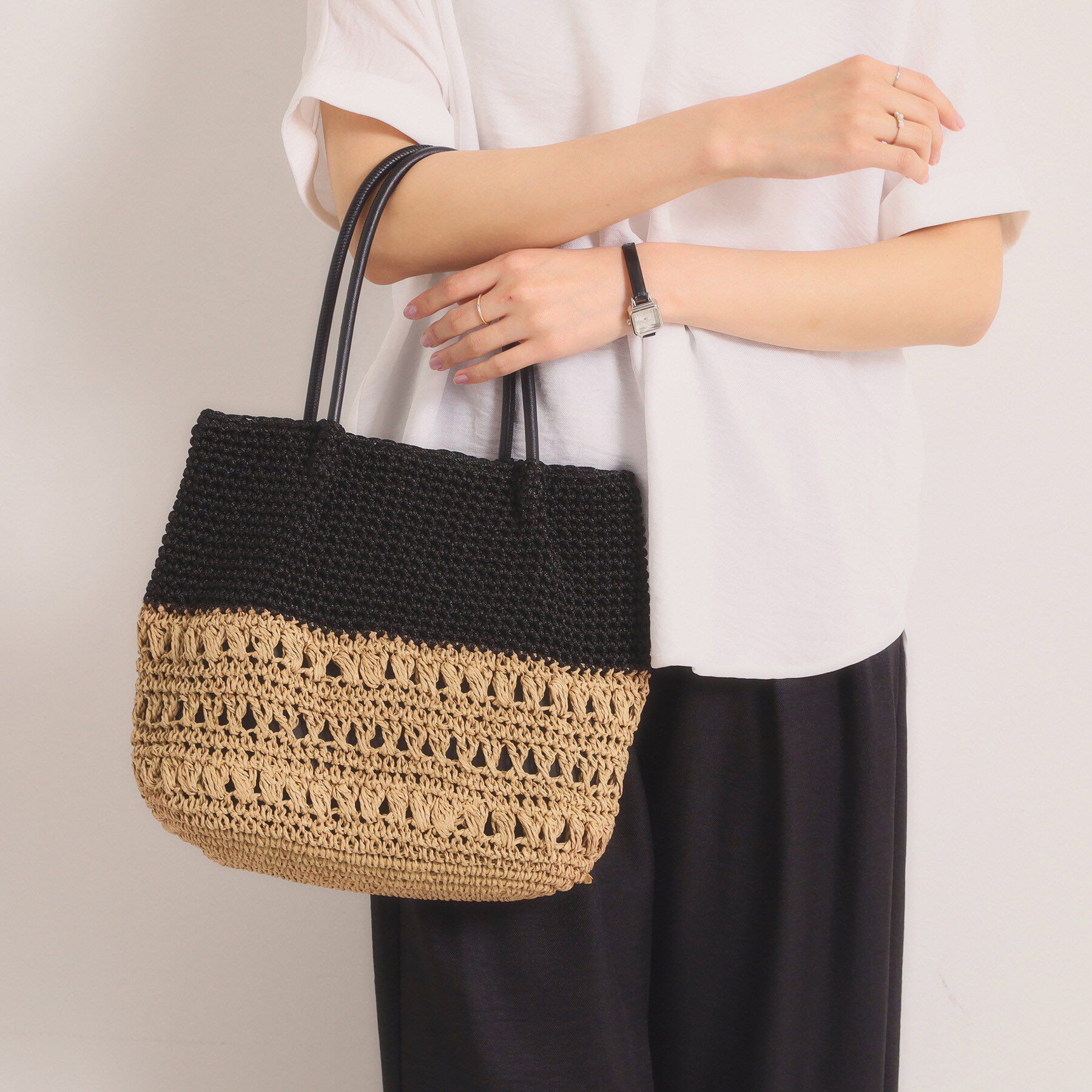 ITS&rsquo;DEMO「雑材コード編みコンビトート」|トートバッグ|ブラック(019)