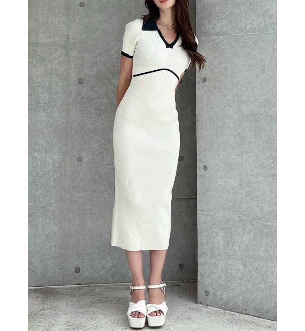 RESEXXY「バイカラーニットポロワンピース」|ワンピース|ホワイト