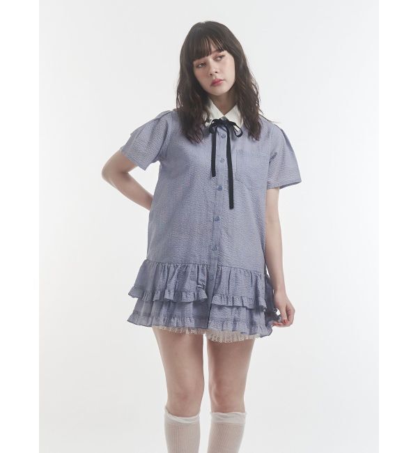 jouetie「リボンタイヘムフリルチュニックシャツ」|シャツ・ブラウス|ブルー