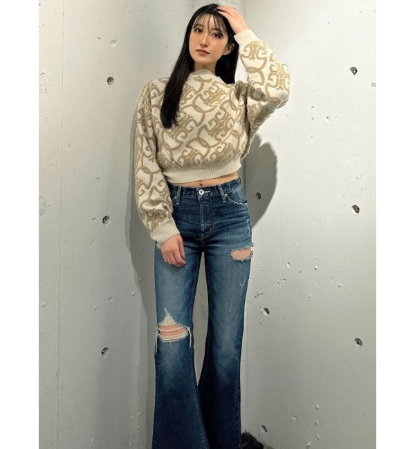 GYDA「ミドルウエストSIDE RIPPEDフレアデニムパンツ」|デニム|