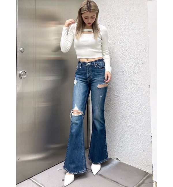 GYDA「ミドルウエストSIDE RIPPEDフレアデニムパンツ」|デニム|