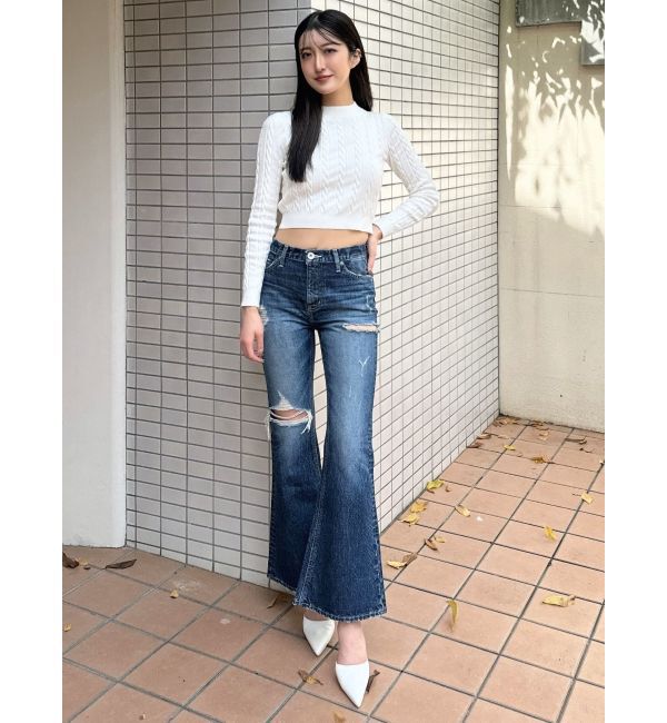 GYDA「ミドルウエストSIDE RIPPEDフレアデニムパンツ」|デニム|