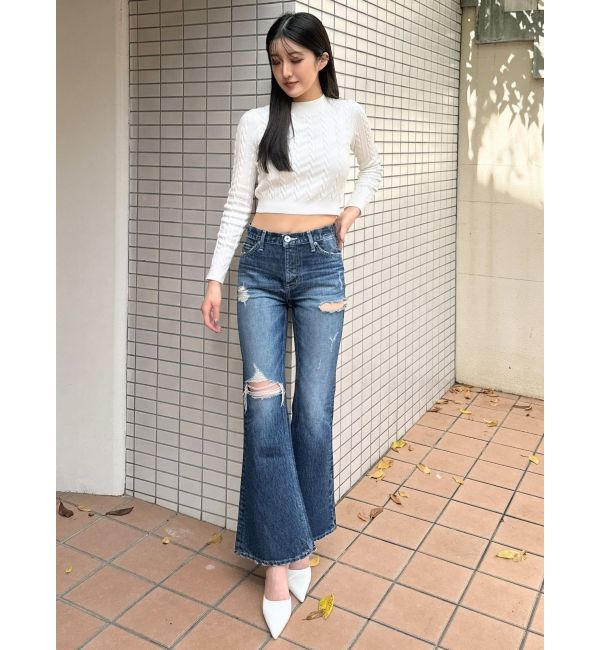 GYDA「ミドルウエストSIDE RIPPEDフレアデニムパンツ」|デニム|