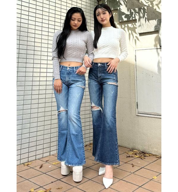 GYDA「ミドルウエストSIDE RIPPEDフレアデニムパンツ」|デニム|