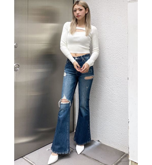 GYDA「ミドルウエストSIDE RIPPEDフレアデニムパンツ」|デニム|