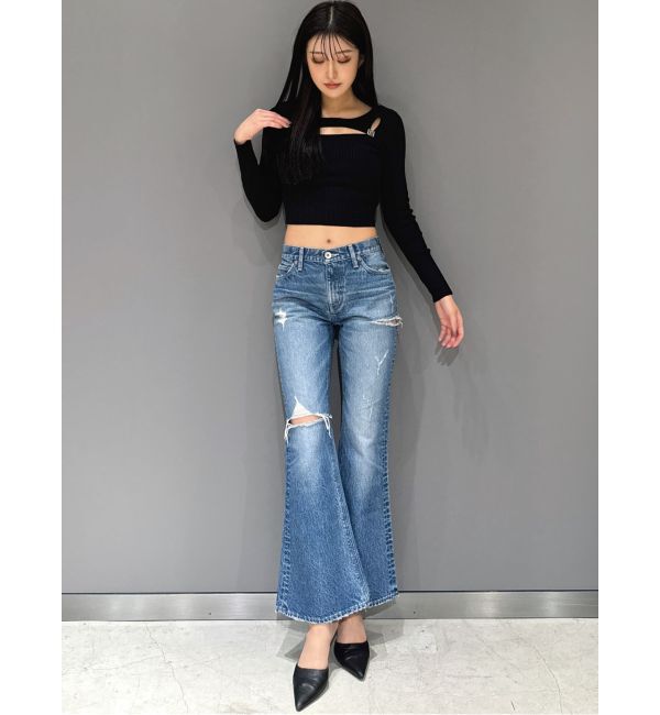 GYDA「ミドルウエストSIDE RIPPEDフレアデニムパンツ」|デニム|