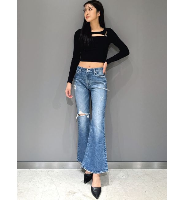 GYDA「ミドルウエストSIDE RIPPEDフレアデニムパンツ」|デニム|