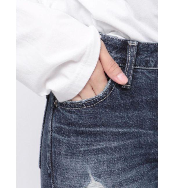 GYDA「ミドルウエストSIDE RIPPEDフレアデニムパンツ」|デニム|