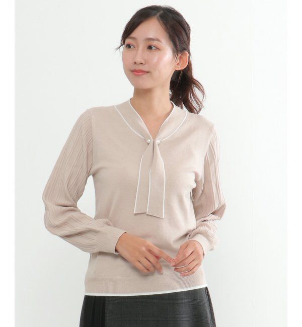 IKKA LOUNGE「ボウタイ袖プリーツニット」|プルオーバー|ベージュ1
