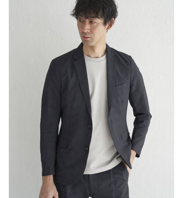 IKKA LOUNGE「【セットアップ対応】ブラックドットサッカーライトジャケット」|テーラードジャケット|