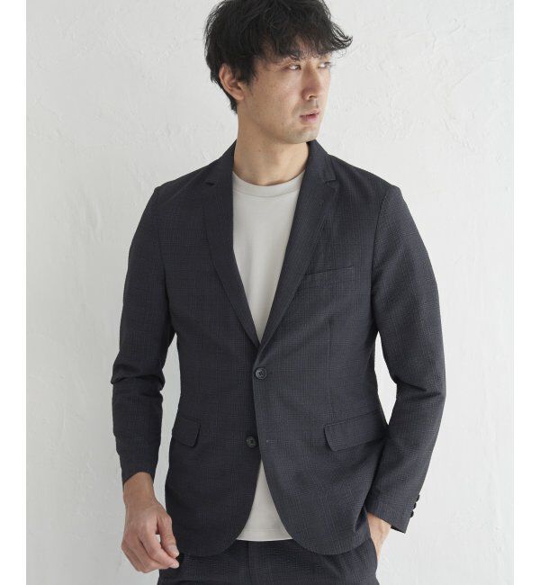 IKKA LOUNGE「【セットアップ対応】ブラックドットサッカーライトジャケット」|テーラードジャケット|ネイビーブルー