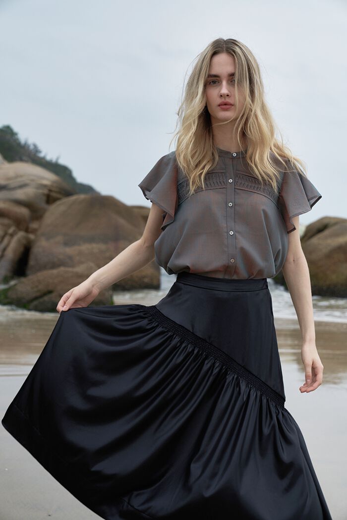 BACKYARD FAMILY「MIND レザーライクサテンギャザースカート 通販 スカート ギャザースカート ひざ丈スカート」|スカート|