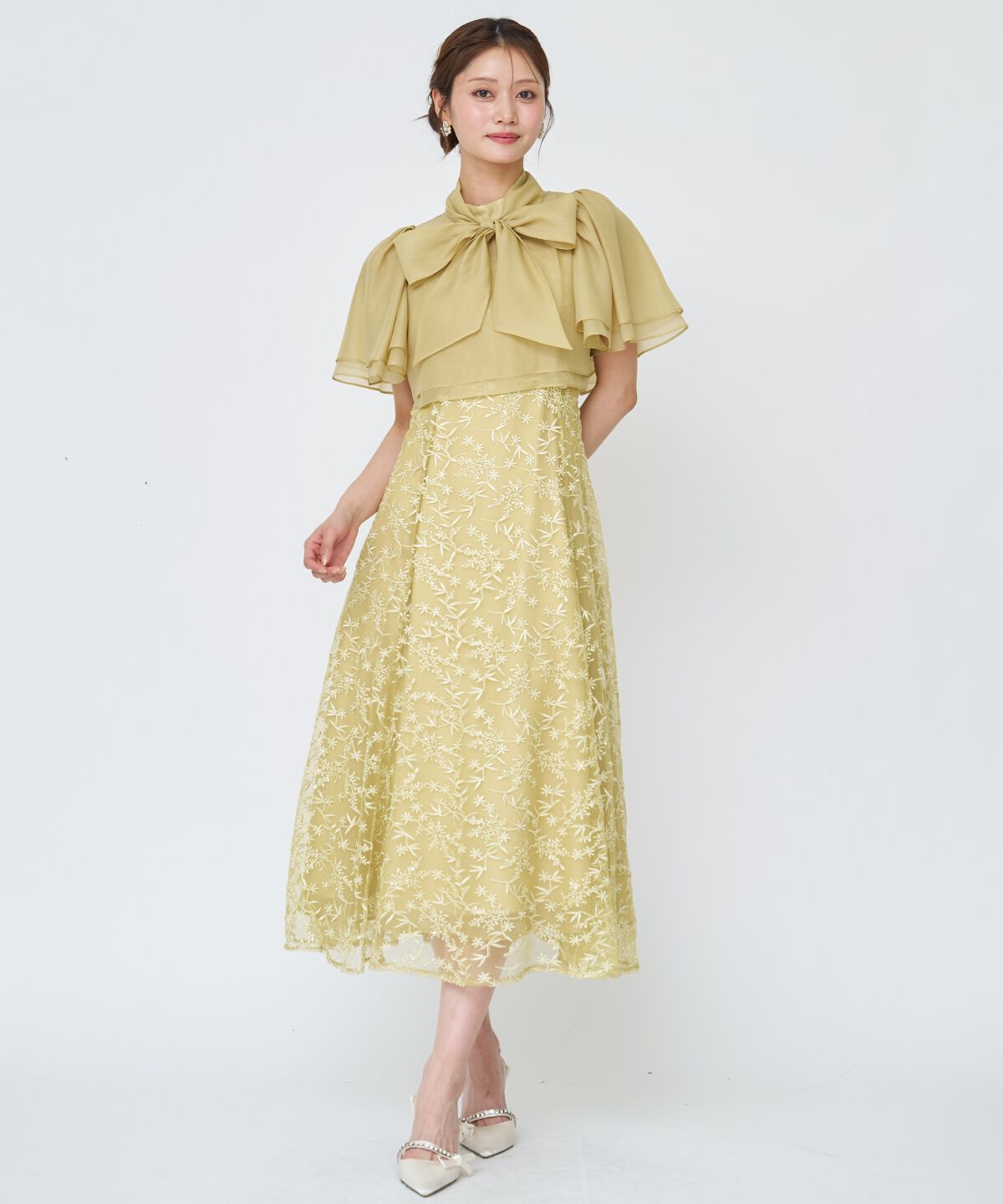 アンドクチュール「ラメボタニカルレースレイヤードドレス」|ドレス|イエロー