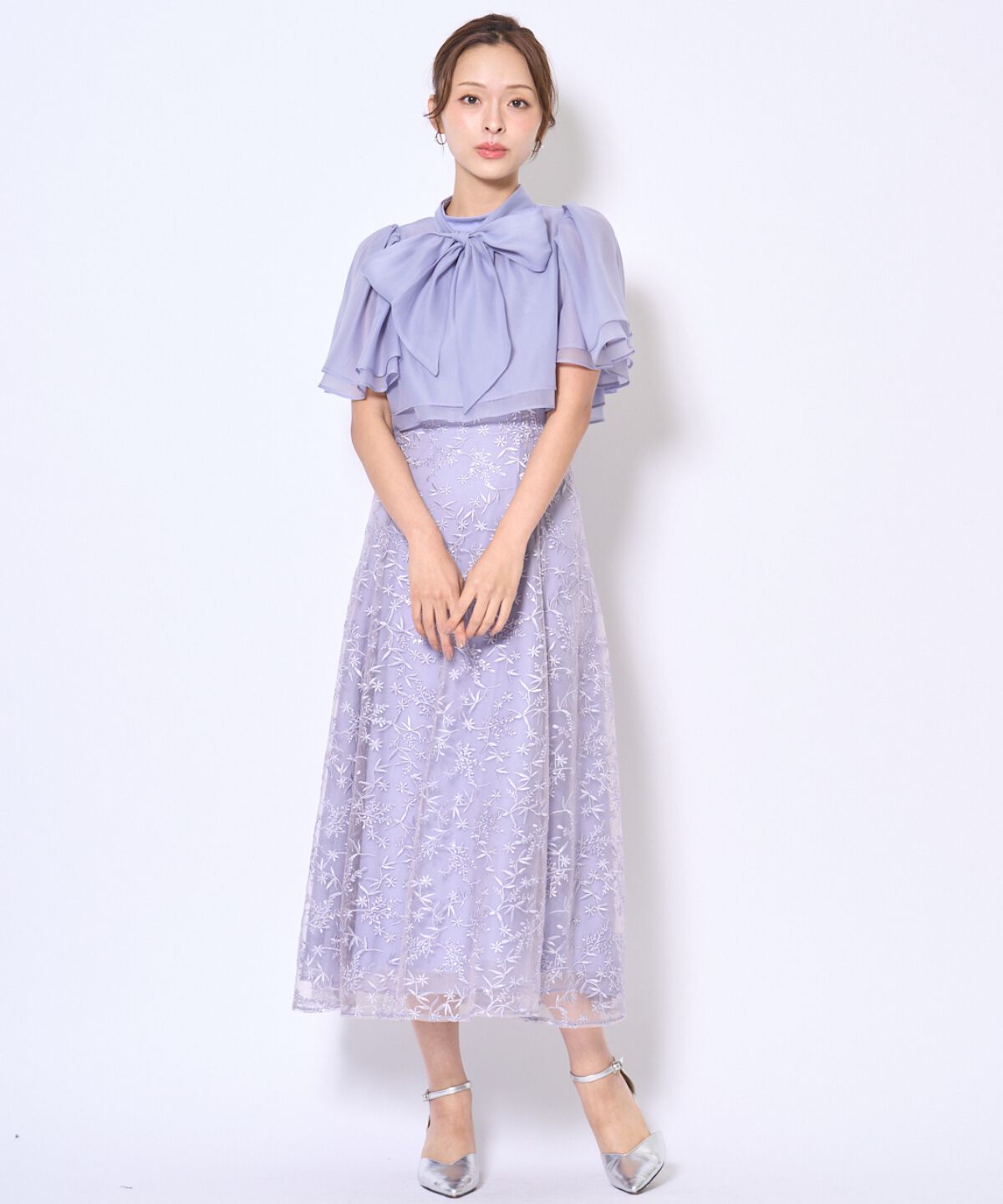 アンドクチュール「ラメボタニカルレースレイヤードドレス」|ドレス|ブルー