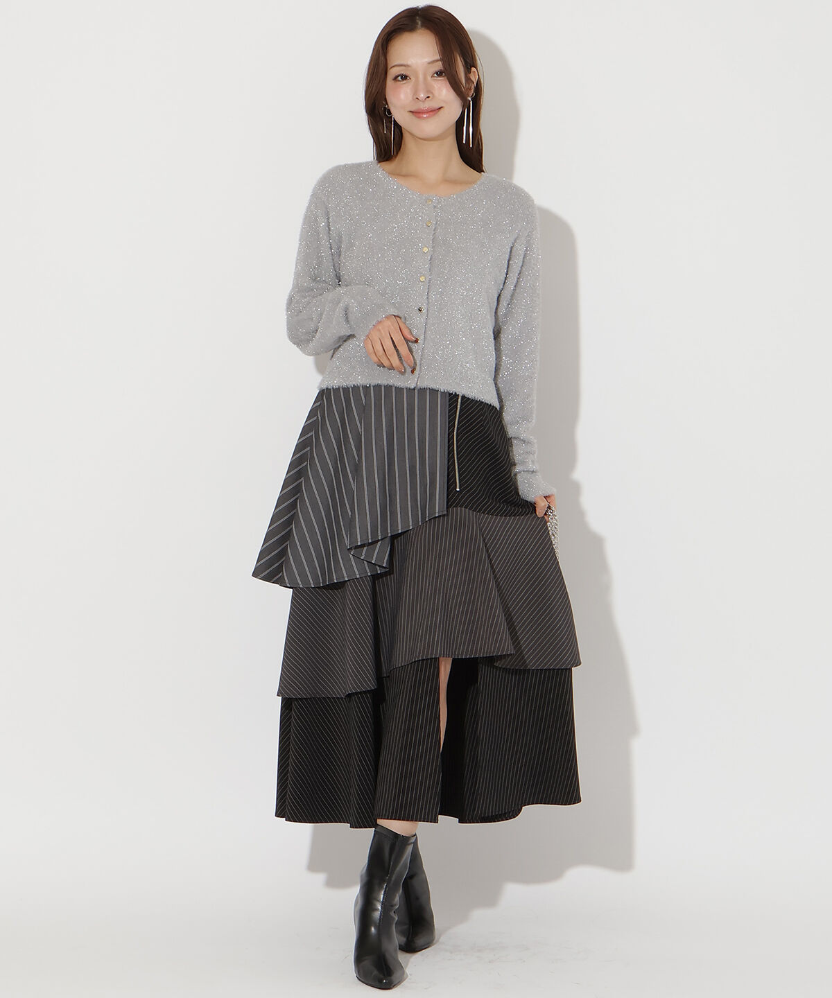 アンドクチュール「ストライプパッチワークスカート」|フレア|black/borderｽﾄﾗｲﾌﾟ