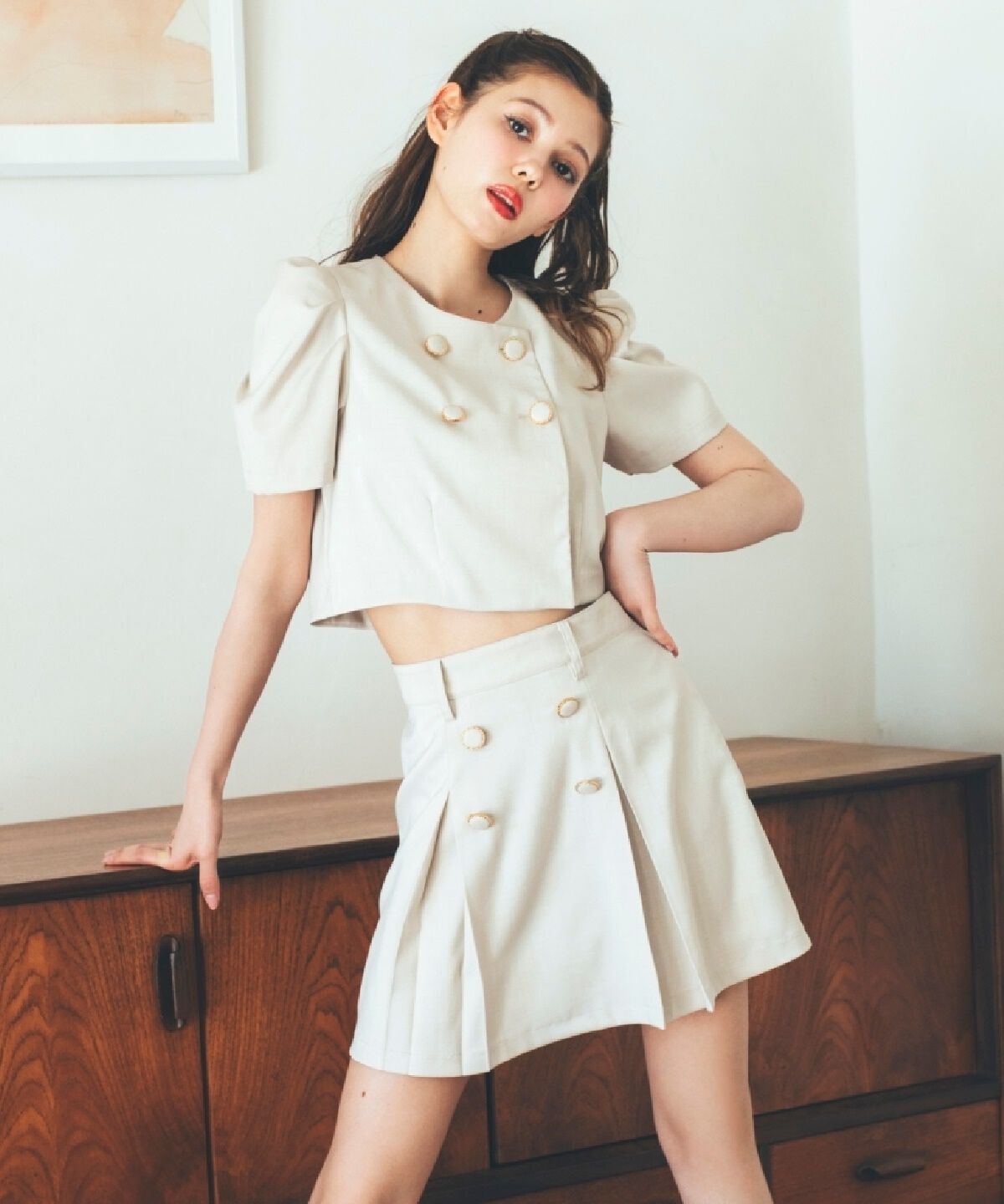 REDYAZEL「ボタン付きボックスプリーツスカート」|台形|