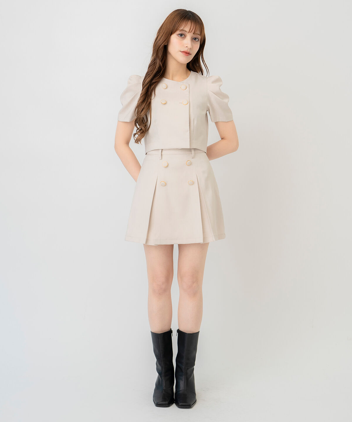 REDYAZEL「ボタン付きボックスプリーツスカート」|台形|