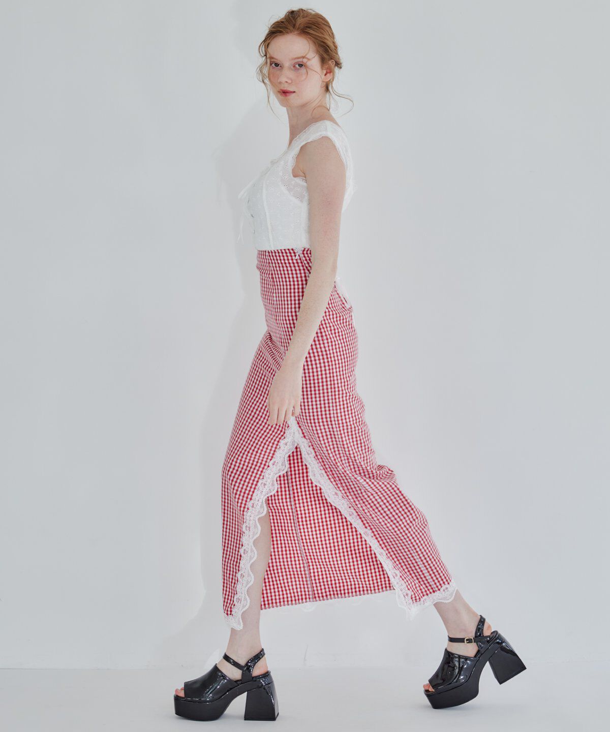 REDYAZEL「ギンガムチェックレーストリミングスカート」|タイト|