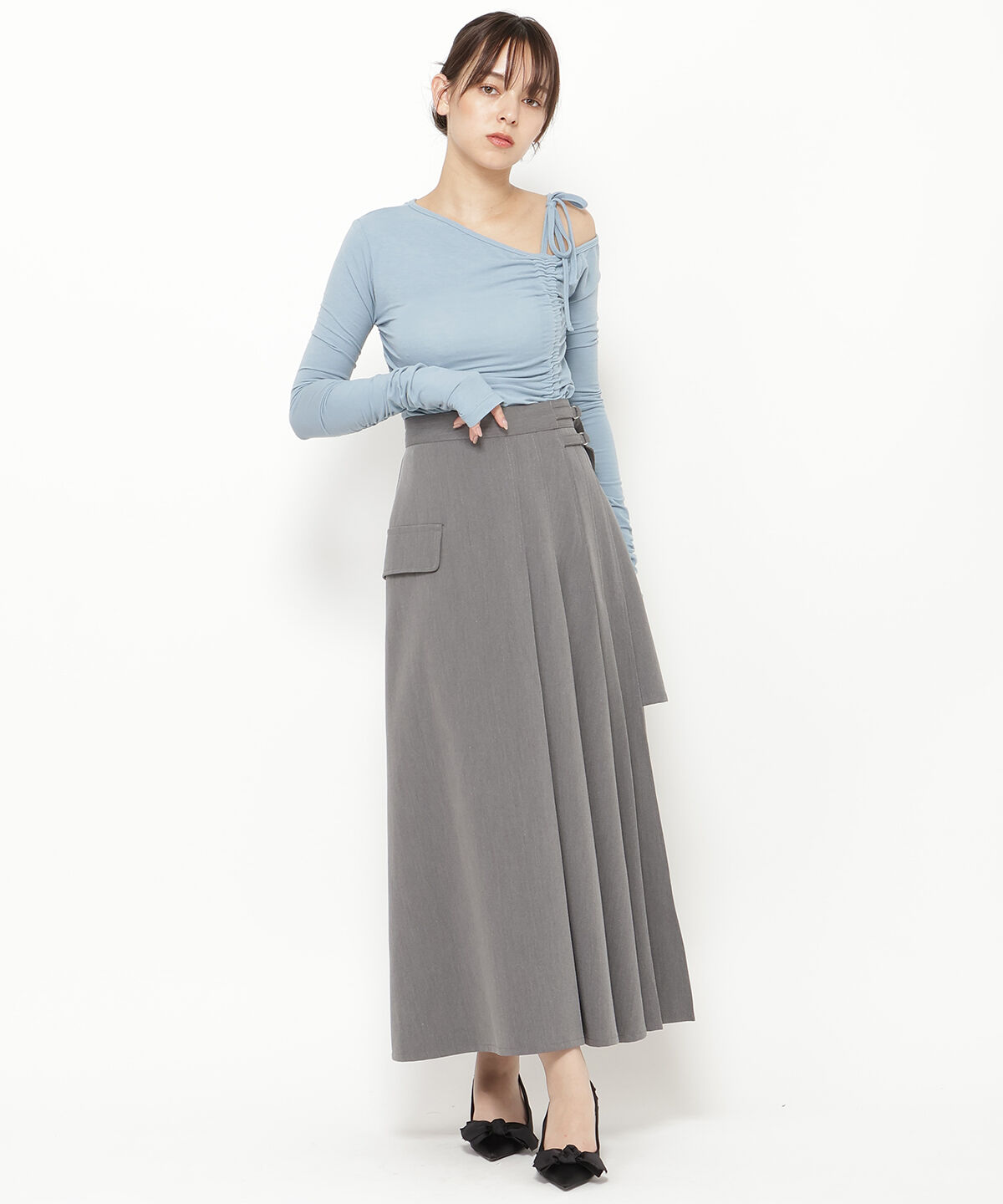 REDYAZEL「アシメソフトプリーツスカート」|フレア|グレー
