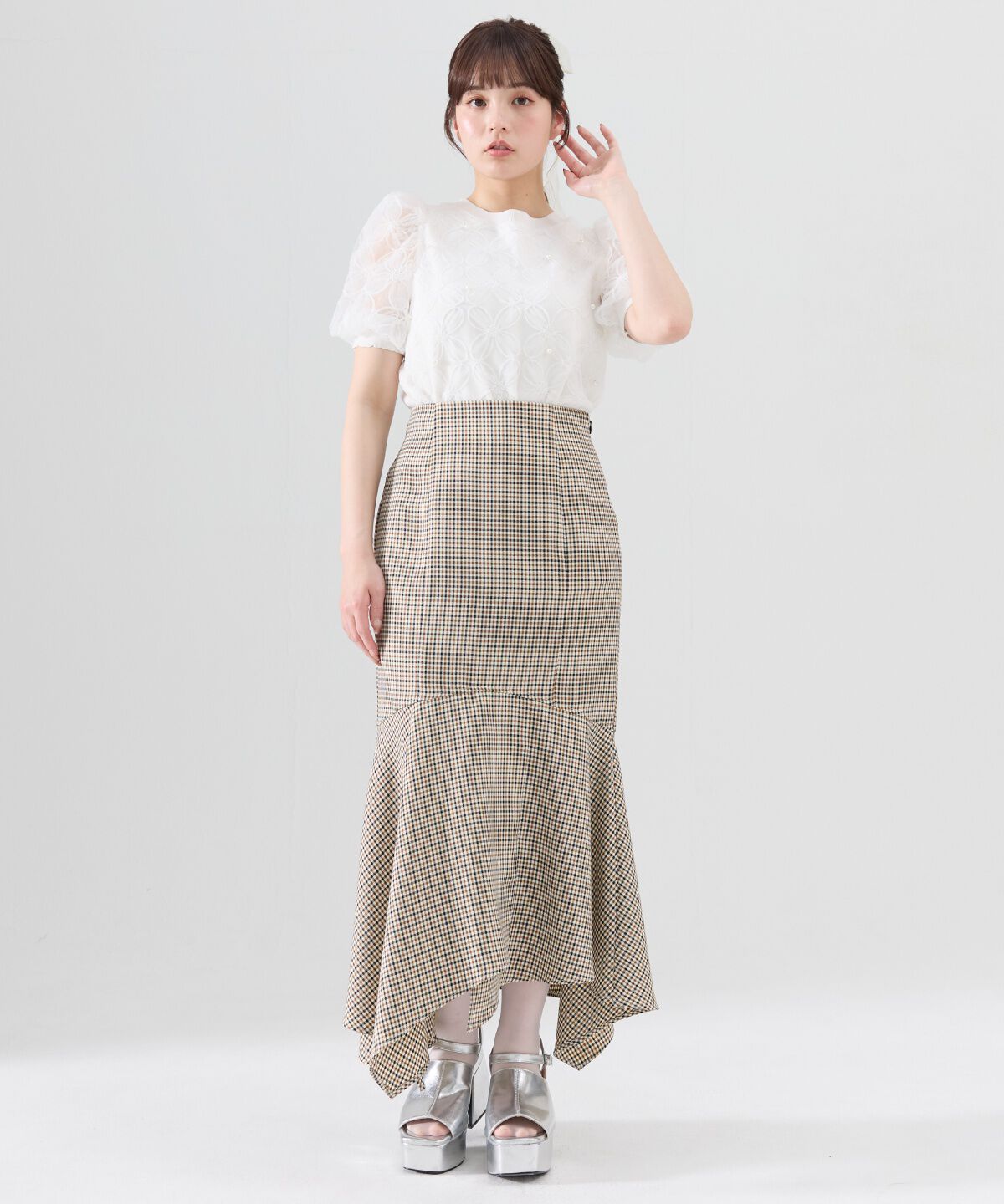 REDYAZEL「チェックマーメイドスカート」|タイト|ブラウン