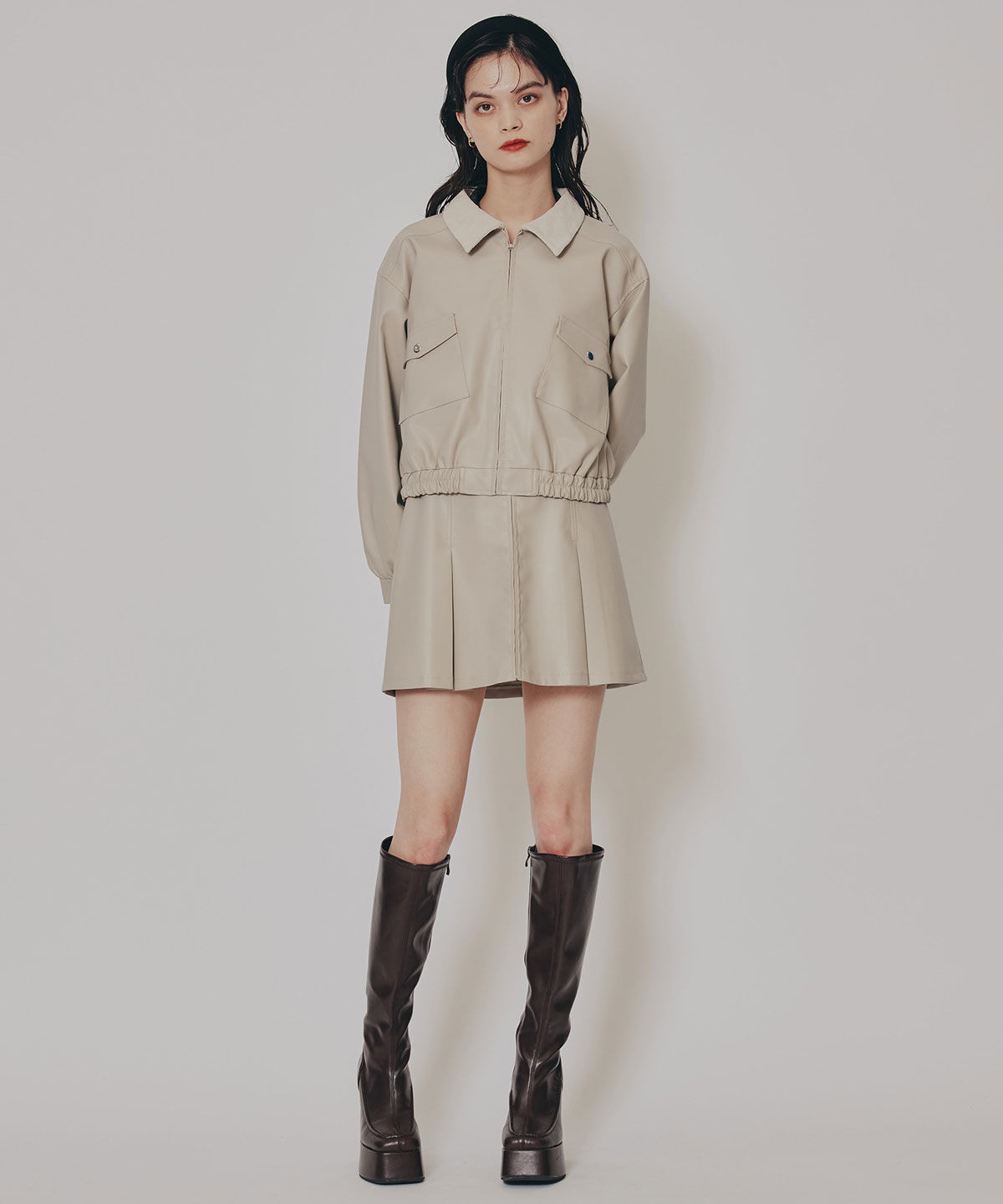 REDYAZEL「フェイクレザーBOXプリーツミニスカート」|フレア|