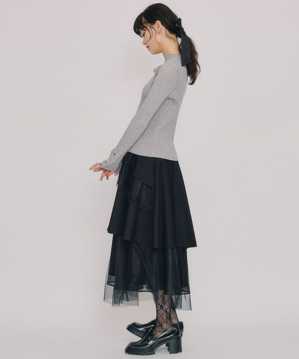 REDYAZEL「シアーMIXティアードロングスカート」|フレア|