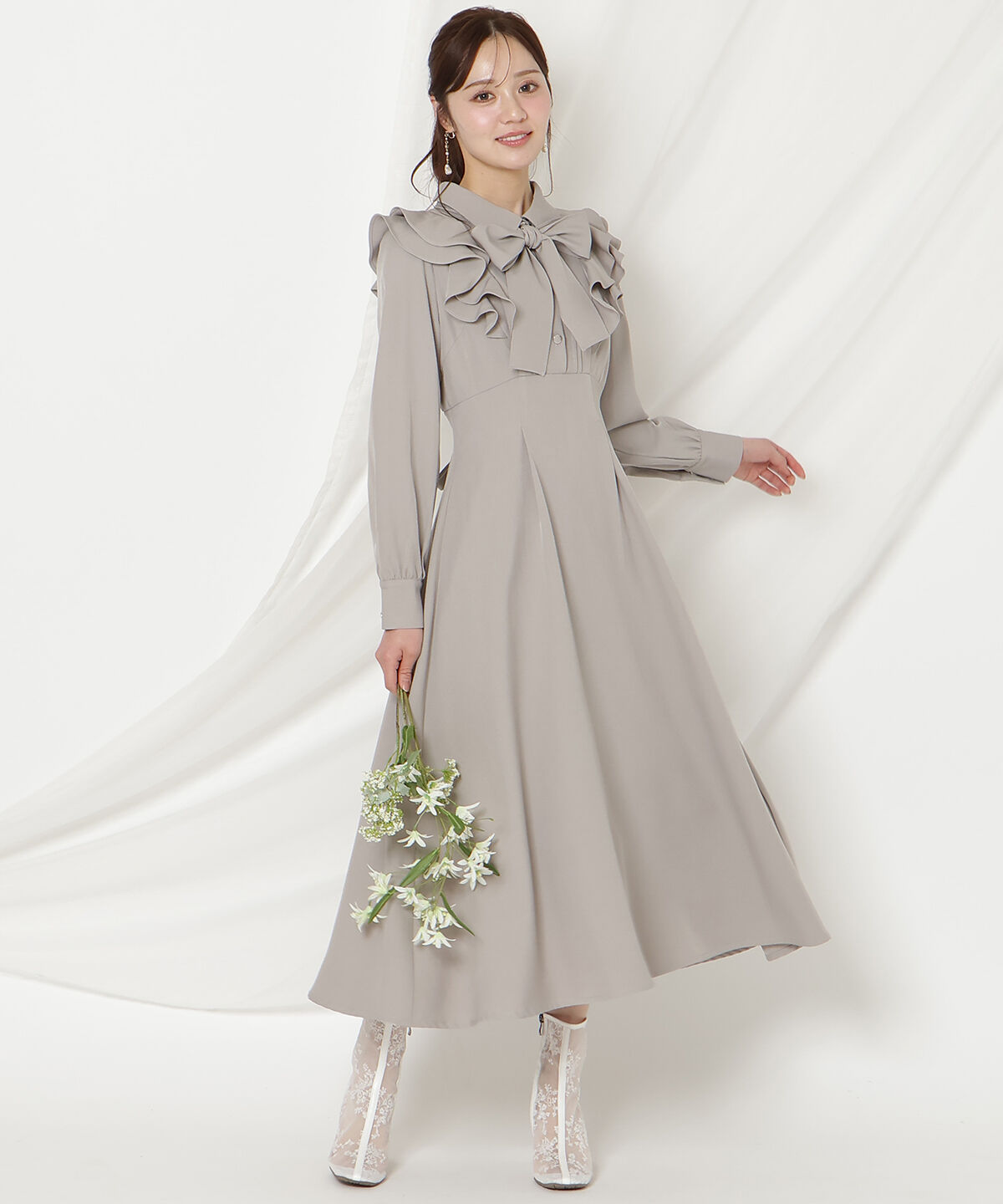 WILLSELECTION「ラッフルリボンタイフレアワンピース」|ワンピース|グレー