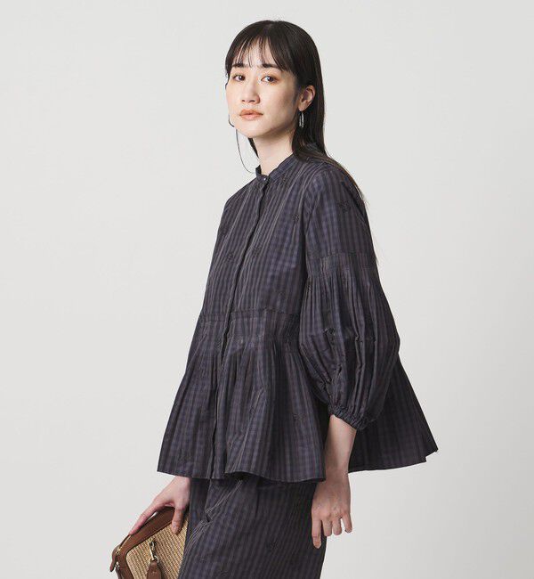 UNITED ARROWS「ギンガムチェック フラワー ジャガード ブラウス ‐ウォッシャブル‐」|シャツ・ブラウス|BLACK