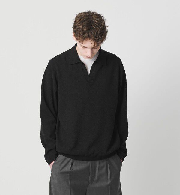 BEAUTY&YOUTH UNITED ARROWS「クリンプ コットン ポロスキッパー ニット ウォッシャブル」|ニット・セーター|BLACK