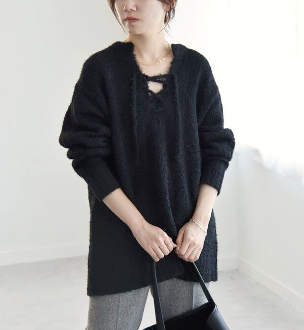 quaranciel「quaranciel:〈手洗い可能〉フェザーヤーン レースアップ ラメ スキッパー ニット」|ニット・セーター|