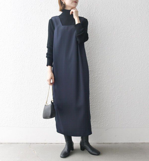 SHIPS any「SHIPS any:〈手洗い可能〉サテン スクエアネック ロング ワンピース」|ワンピース|ネイビー