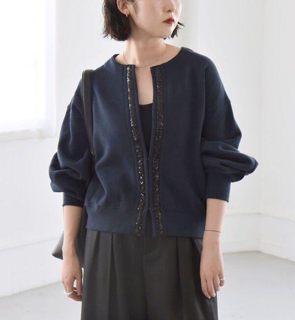 quaranciel「quaranciel:〈手洗い可能〉スパンコール テープ スウェット カーディガン」|カーディガン|ネイビー