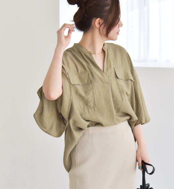 quaranciel「quaranciel:〈手洗い可能〉フレア ハーフスリーブ バンドカラー スキッパー シャツ」|シャツ・ブラウス|