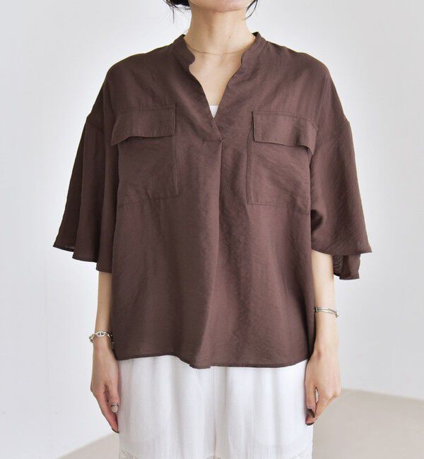 quaranciel「quaranciel:〈手洗い可能〉フレア ハーフスリーブ バンドカラー スキッパー シャツ」|シャツ・ブラウス|