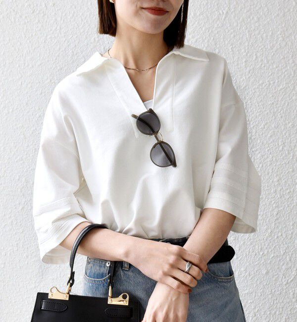 SHIPS any「SHIPS any:〈洗濯機可能〉インレイ 襟付き スキッパー ハーフスリーブ プルオーバー」|Tシャツ・カットソー|ホワイト