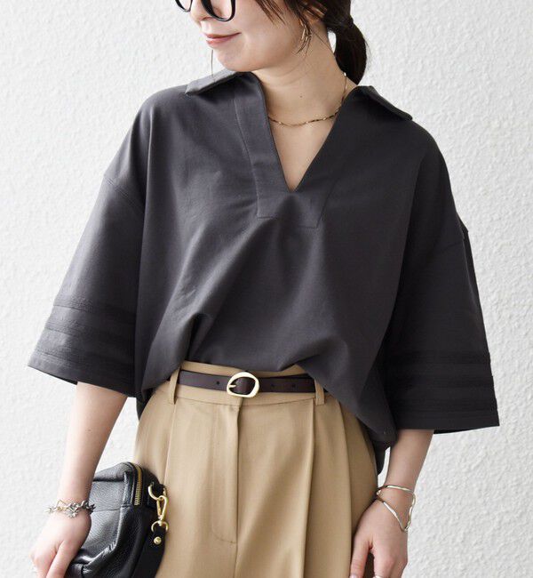 SHIPS any「SHIPS any:〈洗濯機可能〉インレイ 襟付き スキッパー ハーフスリーブ プルオーバー」|Tシャツ・カットソー|チャコールグレー