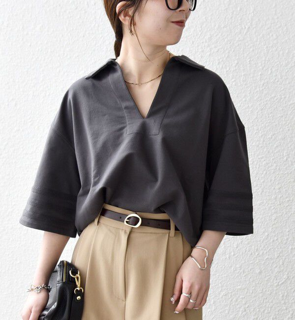 SHIPS any「SHIPS any:〈洗濯機可能〉インレイ 襟付き スキッパー ハーフスリーブ プルオーバー」|Tシャツ・カットソー|