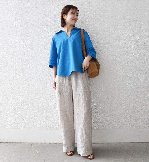 SHIPS any「SHIPS any:〈洗濯機可能〉インレイ 襟付き スキッパー ハーフスリーブ プルオーバー」|Tシャツ・カットソー|