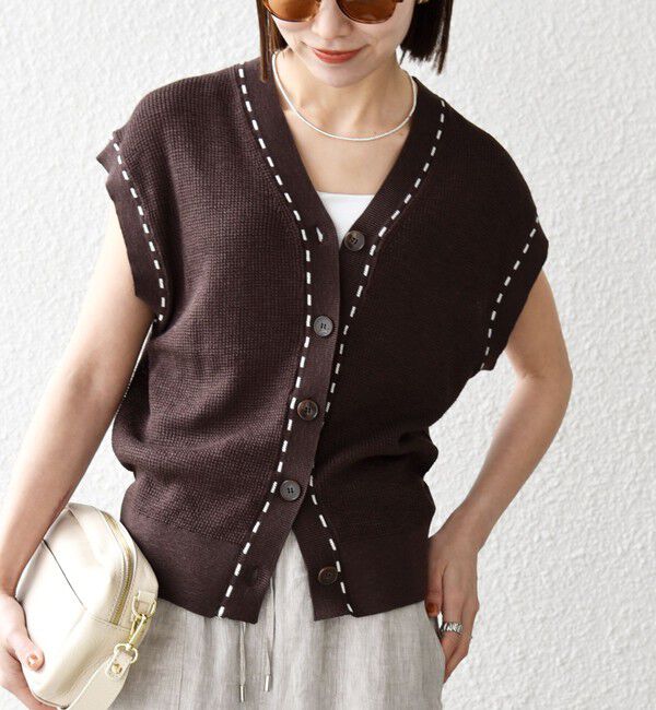 SHIPS any「SHIPS any:〈手洗い可能〉リネン レーヨン ステッチ 編み Vネック ベスト」|ベスト・ジレ|