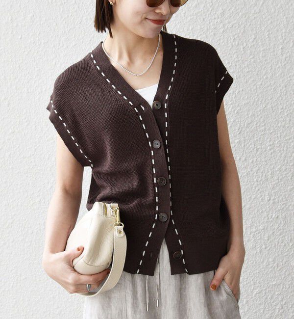 SHIPS any「SHIPS any:〈手洗い可能〉リネン レーヨン ステッチ 編み Vネック ベスト」|ベスト・ジレ|