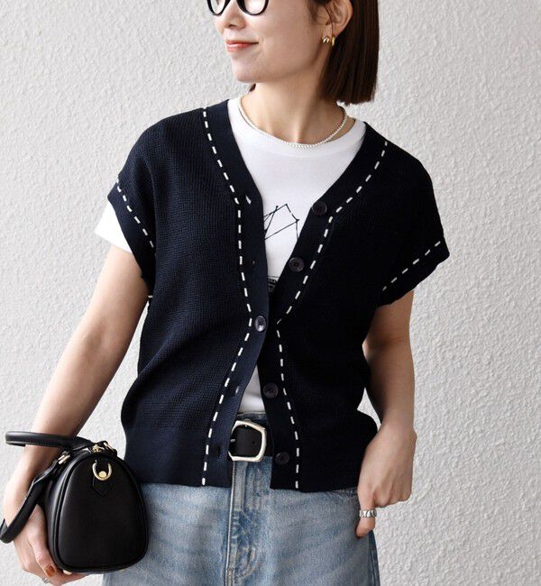 SHIPS any「SHIPS any:〈手洗い可能〉リネン レーヨン ステッチ 編み Vネック ベスト」|ベスト・ジレ|
