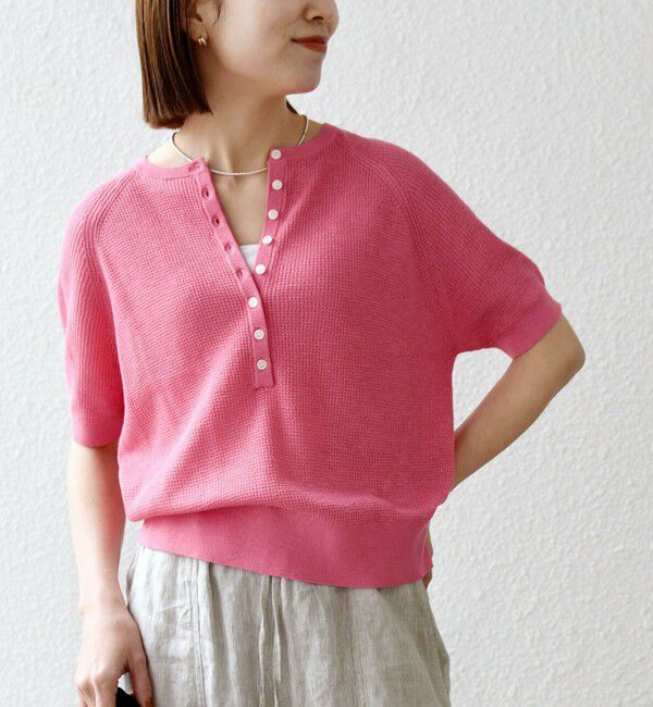 SHIPS any「SHIPS any:〈手洗い可能〉リネン レーヨン ヘンリーネック プルオーバー」|ニット・セーター|ピンク