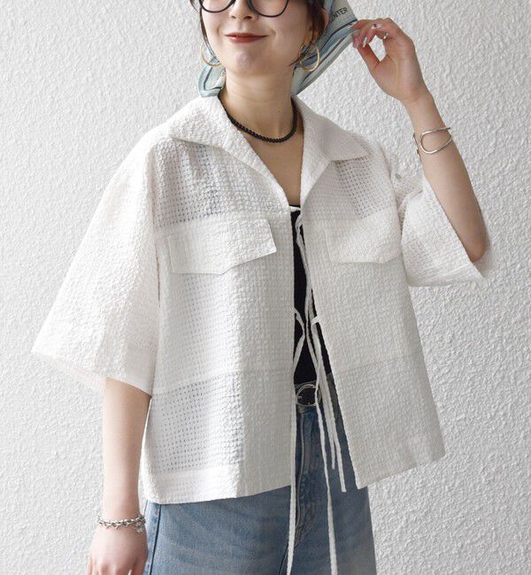 SHIPS any「《予約》SHIPS any:〈手洗い可能〉サッカー リボン 開襟シャツ 羽織り」|シャツ・ブラウス|オフホワイト