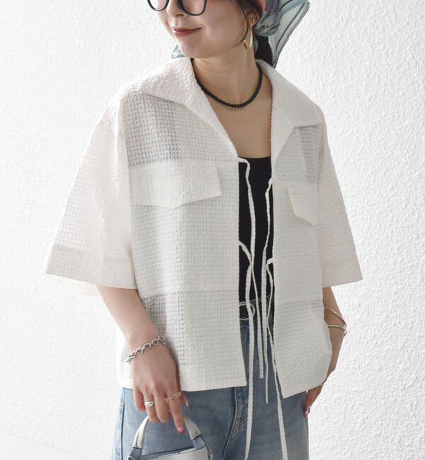 SHIPS any「《予約》SHIPS any:〈手洗い可能〉サッカー リボン 開襟シャツ 羽織り」|シャツ・ブラウス|