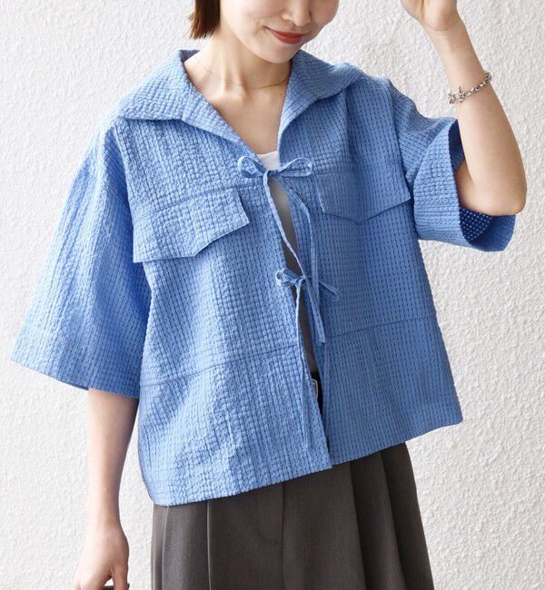 SHIPS any「《予約》SHIPS any:〈手洗い可能〉サッカー リボン 開襟シャツ 羽織り」|シャツ・ブラウス|