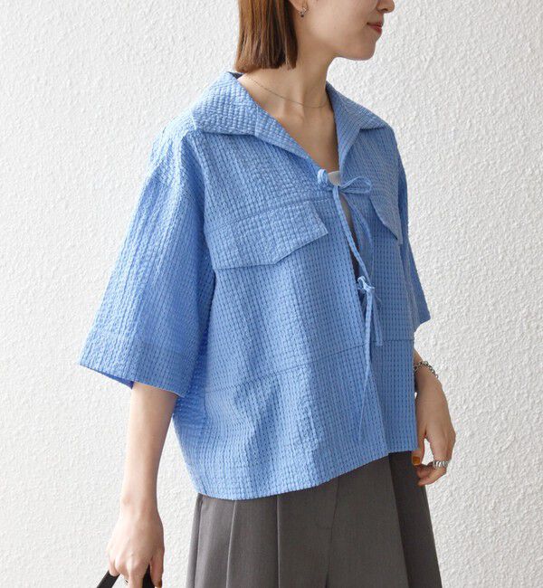 SHIPS any「《予約》SHIPS any:〈手洗い可能〉サッカー リボン 開襟シャツ 羽織り」|シャツ・ブラウス|